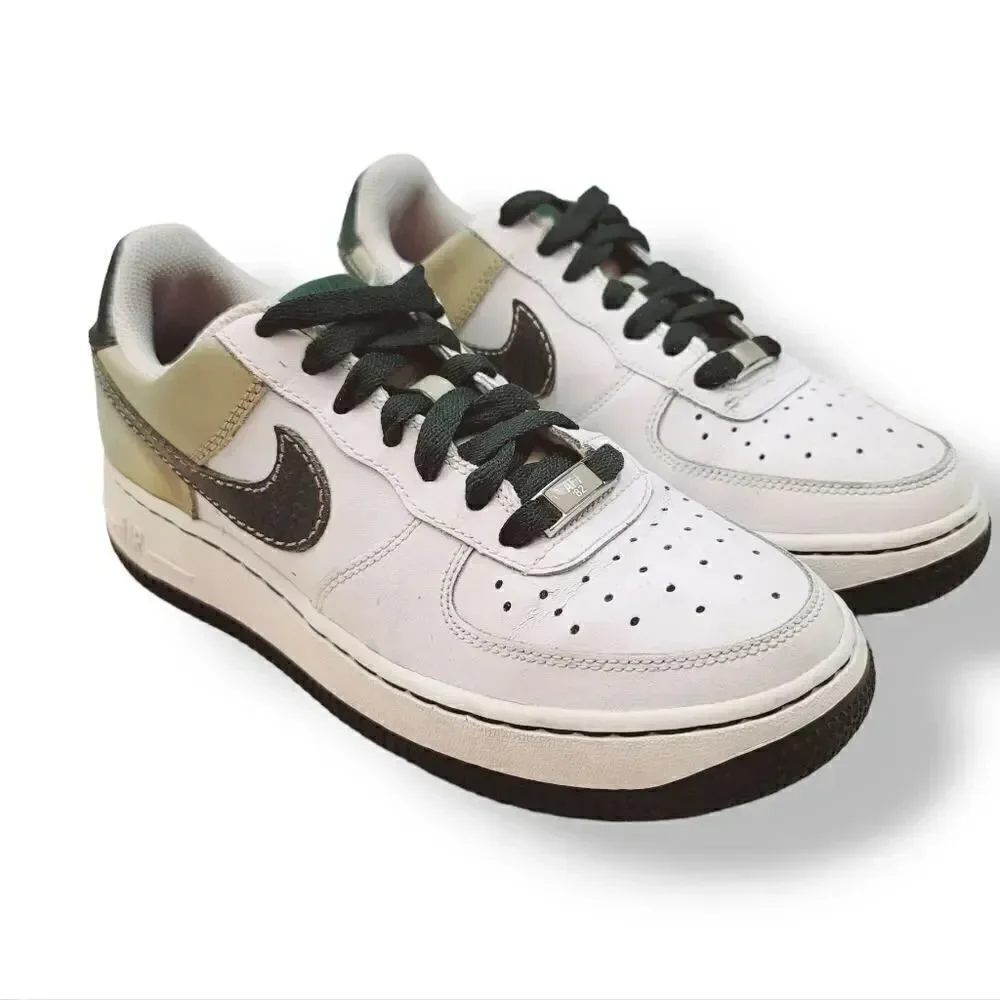 Vintage Y2K Nike Air Force 1 '07 White Dark Army Green Tweed 314192-132 Y5.5/ W7